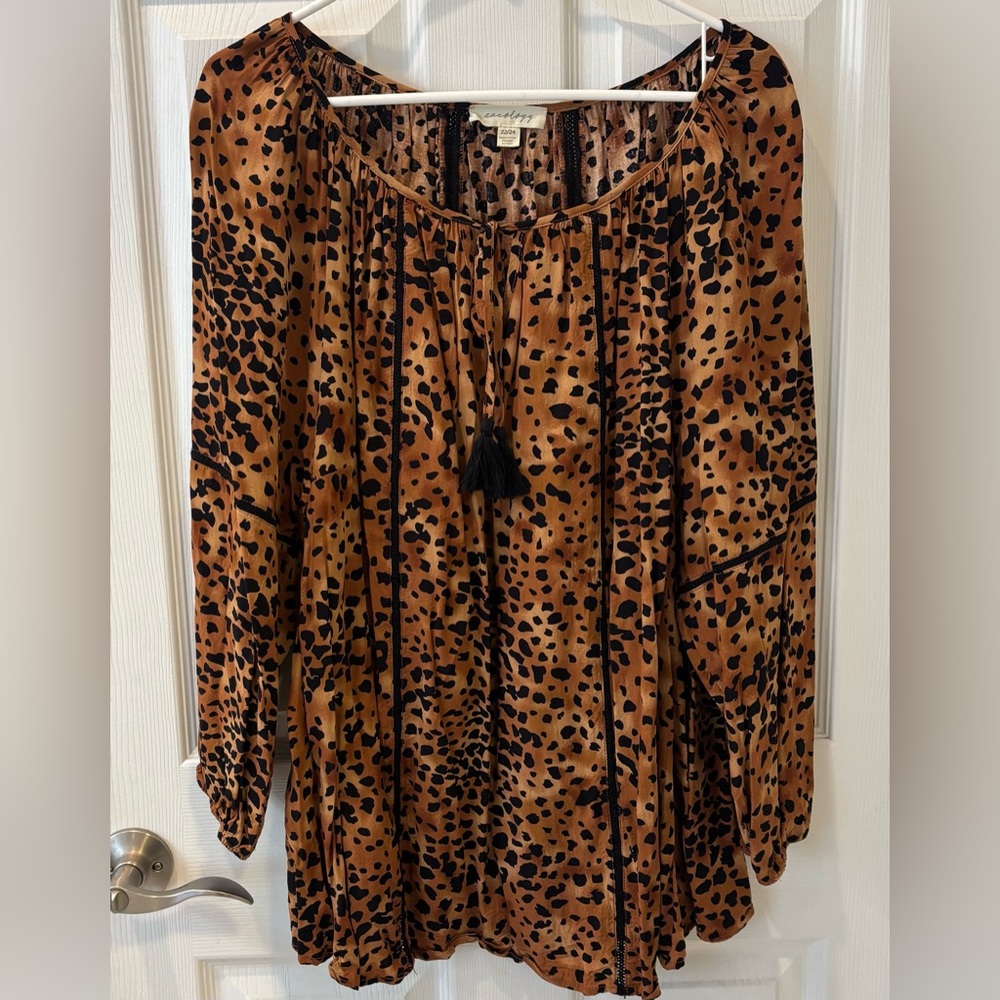 Aveology Animal Print Blouse with Tassel‎
